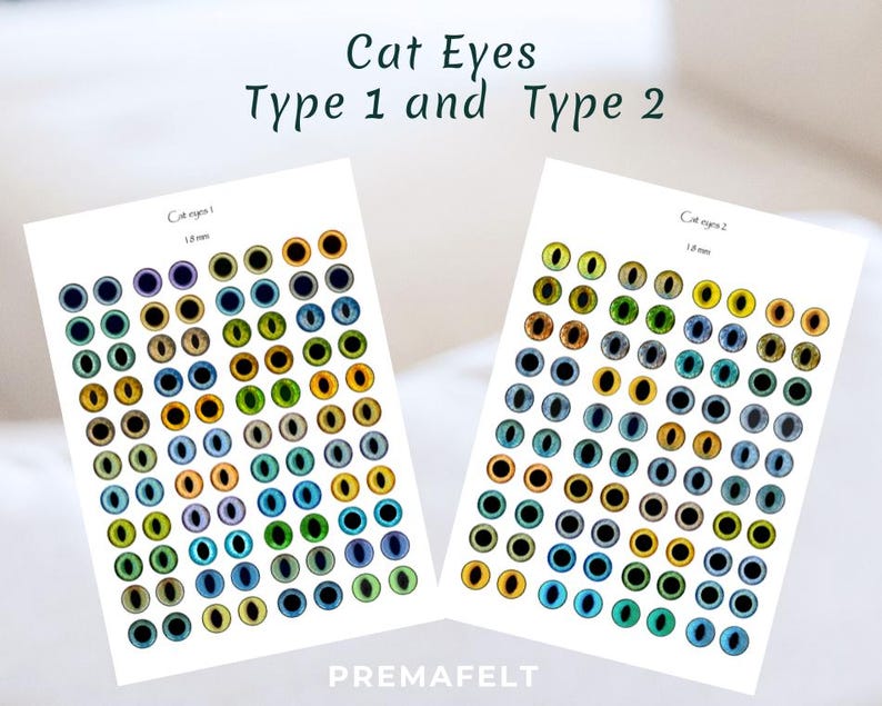 The image shows a depicting different cat eyes template pattern for needle felting depicting  in front of a white room interior.