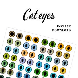 Foglio collage di occhi di gatto colorati stampabili per bambole di gatto fatte a mano, gattini infeltriti ad ago, gatti amigurumi. File PNG scaricabile digitalmente.
