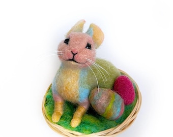 Needle Felted Easter Bunny Decor: Colorful Wool Bunny Figurine with Basket