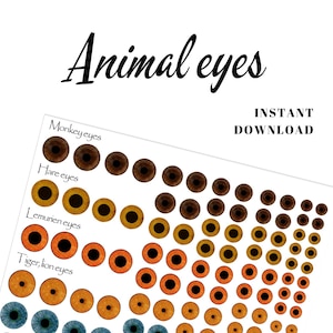 Printable color animal eyes Collage Sheet to handmade dolls, figurines, needle felted animals. Digital download PNG file.
