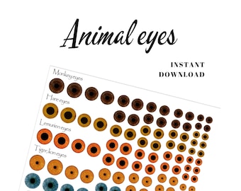手作りの人形、フィギュア、ニードルフェルトの動物に使える、印刷可能なカラー動物の目のコラージュ シート。デジタル ダウンロード PNG ファイル。