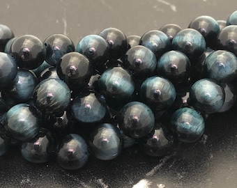 perles Oeil de tigre  bleu nuit  8mm lot de 10