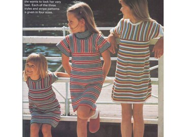 Girls Dress Knitting Pattern - Striped Casual Jumper with Turtleneck