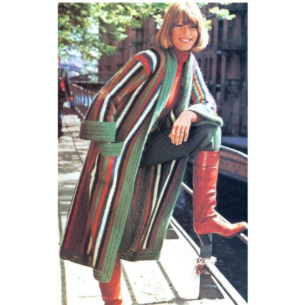 Long Jacket Crochet Pattern - Striped duster with long fold-back sleeves and pockets