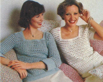 Crochet Pattern - Openwork Summer Sweater, 2 styles in Long & Short Sleeves, low square neckline, womans top
