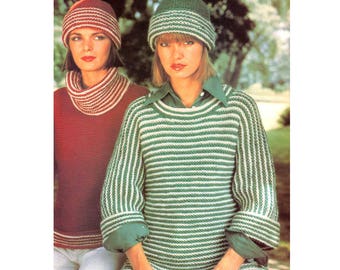 Bulky Pullovers & Hat Knitting Pattern - wide cowl neck, striped, fold over sleeves