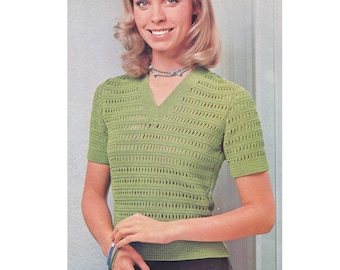 Crochet Pattern - Summer Sweater - Openwork, V-neck, Short Sleeve, Womans Lightweight Top