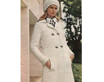 Coat + Hat Crochet Pattern - Double-Breasted Long Line Jacket with Matching Ribbed Cap