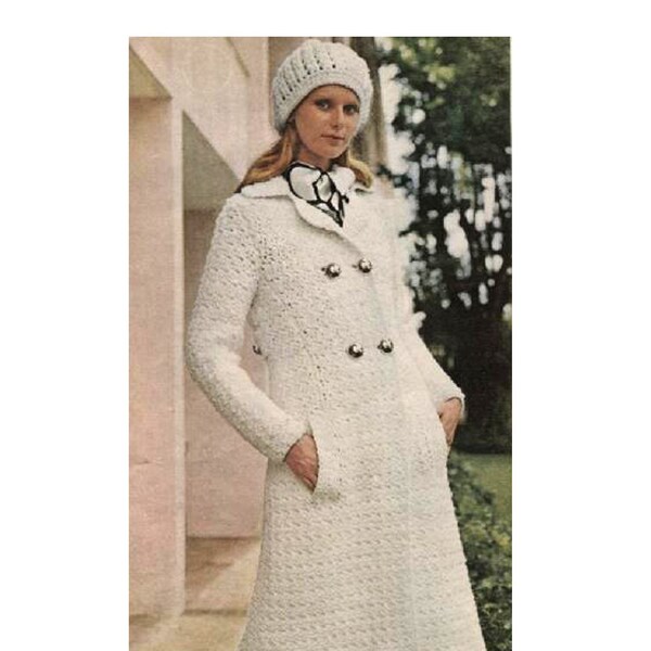 Coat + Hat Crochet Pattern - Double-Breasted Long Line Jacket with Matching Ribbed Cap