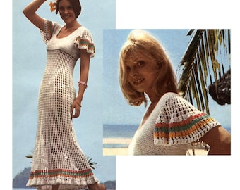 Dress Crochet Pattern - Long Floor Length Ruffle Sleeves Mesh Swimsuit Coverup
