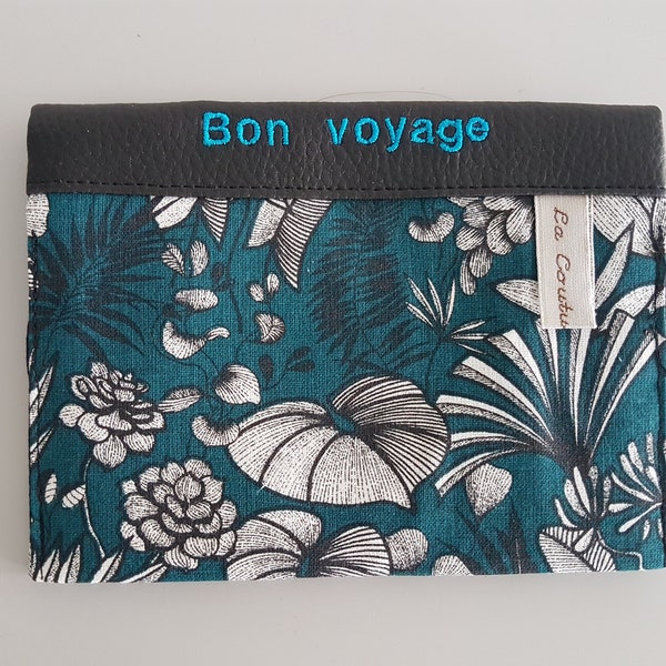 Etui passeport, papiers voiture avec 2 compartiments à cartes en tissu fleurs et simili cuir noir brodé "Bon voyage"