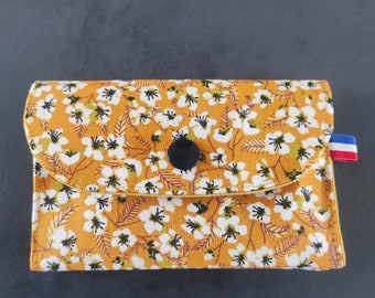 Porte-monnaie, porte-cartes, 3 compartiments en tissu "fleurs jaunes" de 11 cm x 8 cm