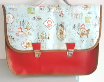 Kindergarten schoolbag (34cm x25cm), red imitation leather and "Little Red Riding Hood" fabric, adjustable straps