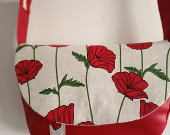 Collection 2026. Superbe sac besace simili cuir rouge et tissu coquelicot, multi-poches, travail soigné.