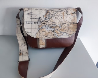 Messenger bag, shoulder bag, handbag, brown imitation leather and "world map" pattern fabric