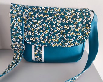 Superbe sac besace, sac à main, sac bandoulière, simili cuir bleu turquoise et tissu fleurs, multi-poches, travail soigné.