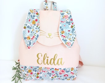 Sac à dos enfant personnalisé fleur Liberty Betsy Porcelaine rose Lapin, cartable maternelle fille