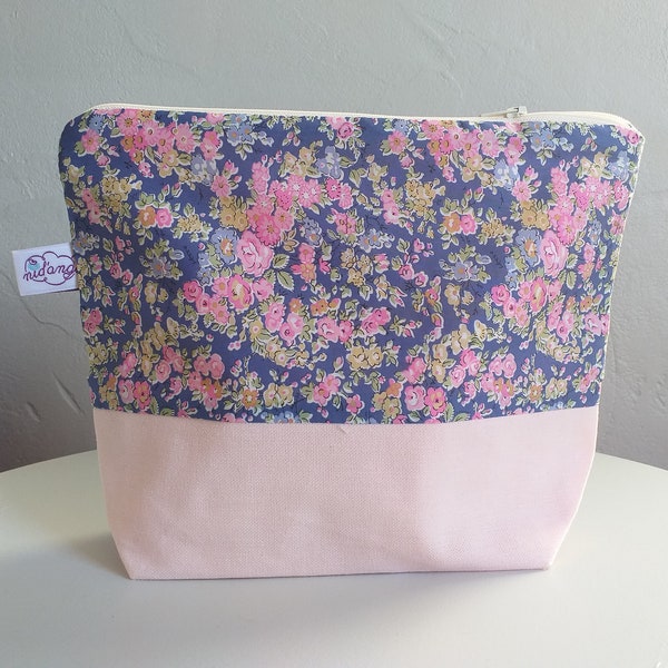 Children's toiletry kit flowered blue blue cotton canvas your pastel pink, customizable with first name