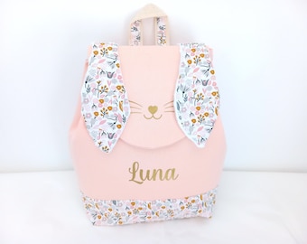 Sac à dos prénom LUNA déjà INSCRIT fleur Liberty rose Lapin, cartable maternelle fille