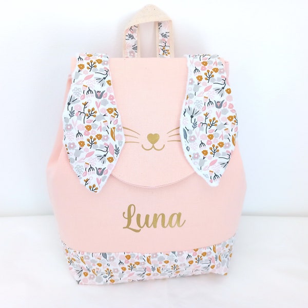 Sac à dos prénom LUNA déjà INSCRIT fleur Liberty rose Lapin, cartable maternelle fille