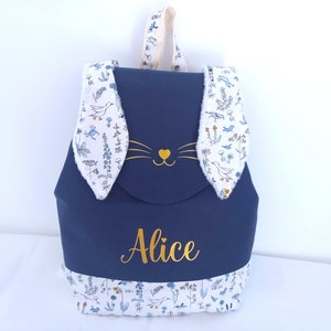 Sac à dos enfant personnalisé Lapin bleu liberty, cartable maternelle fille garçon