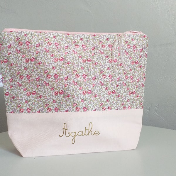 Trousse de toilette personnalisée enfant bébé Liberty Eloise rose, cadeau naissance fille