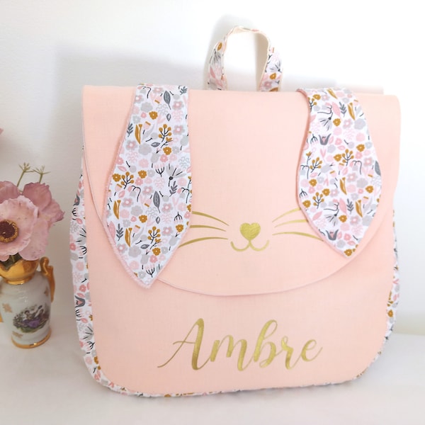 Sac à dos enfant personnalisé Liberty Lapin rose, cartable maternelle fille