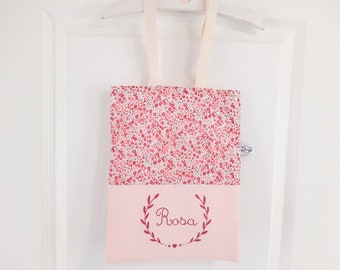 Tote bag enfant personnalisé Liberty Phoebe rose, sac sport livres, cadeau personnalisable Fille