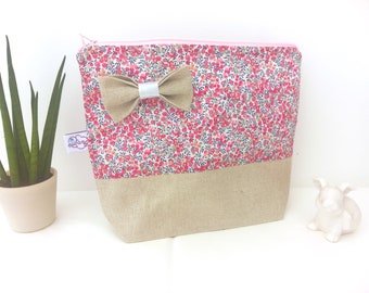 Trousse de toilette personnalisée Liberty Wiltshire bougainvillier rose lin, cadeau fille