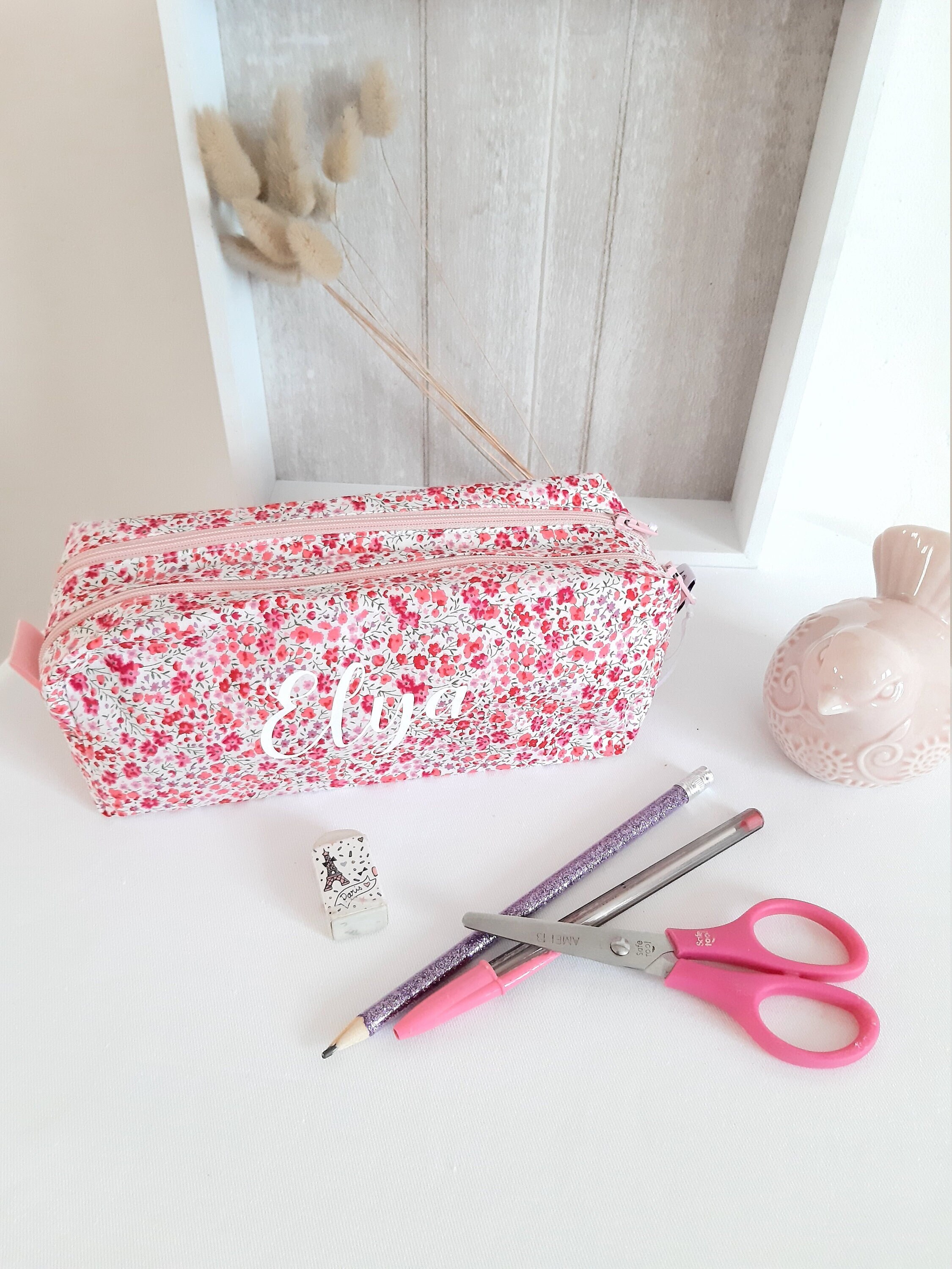 Trousse Double Compartiment, Stylo, Feutre, Crayon, en Liberty Phoebe Rose, Personnalisée Prénom ou 