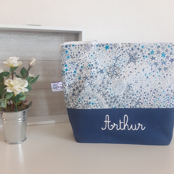 Trousse de toilette personnalisée enfant Liberty Adelajda bleu, cadeau naissance