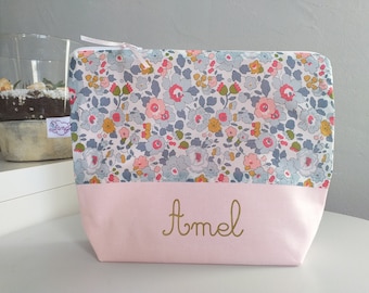 Trousse de toilette personnalisée enfant fille Liberty Betsy rose, cadeau naissance bébé