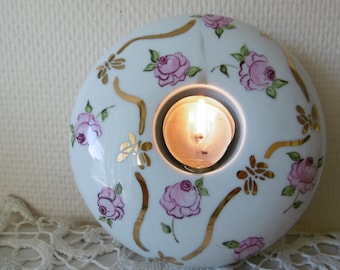 Hand painted china candle holder decorated with pink roses and golden butterflies