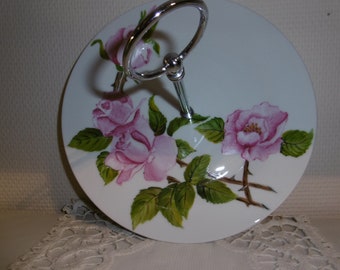 Biscuit tray with a handle, unhand painted china, decorated with four roses and leaves