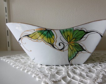 Hand painted china trinket tray decorated with big green, black and golden butterflies