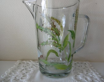 1.23l glass pitcher hand painted with stalks of wheat and white butterflies