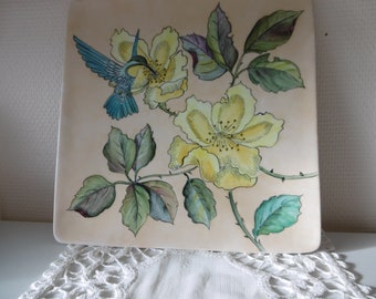 Square hand-painted porcelain dish decorated with a hummingbird and yellow flowers