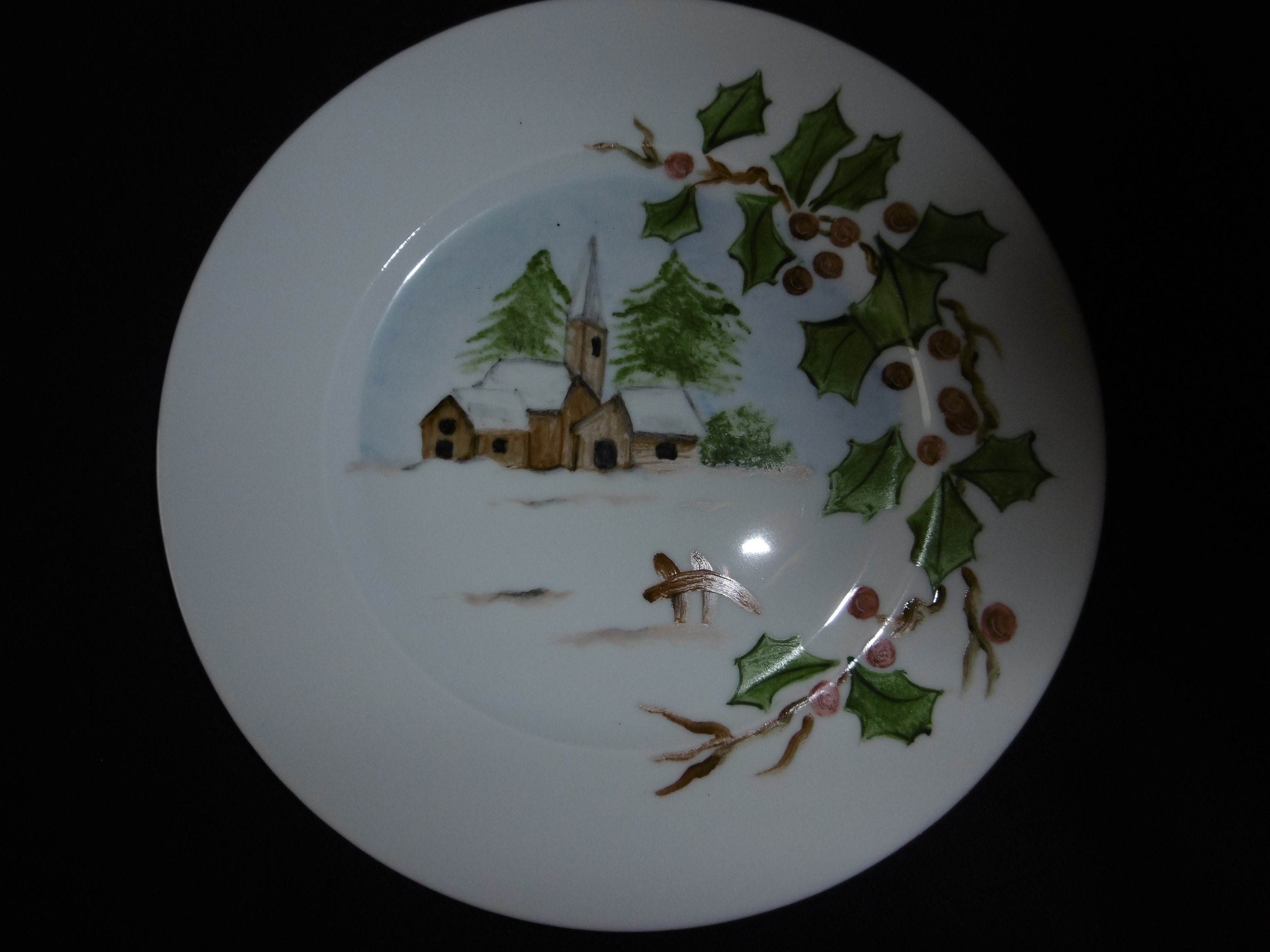 6 Assiettes à Dessert Pour Noël en Porcelaine Peinte Main Décor de Paysages Enneigés avec Une Demi-C