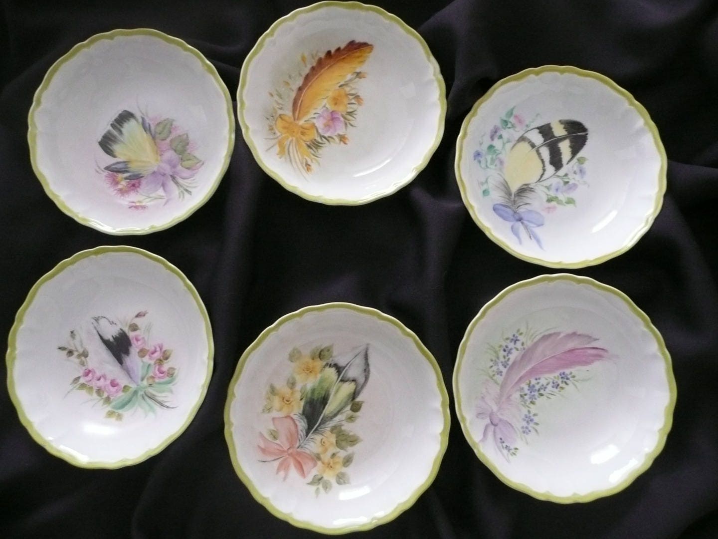 6 Coupelles en Porcelaine Peinte Main Plumes et Petites Fleurs