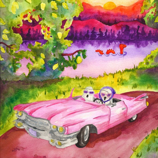 Vibrant Colorful Watercolor Painting Poster Art Two Spooky Ghosts Driving Off into the Sunset 11x14 inches and 8x10 inches