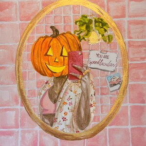 Vibrant Colorful Watercolor Painting Poster Art Print Pumpkin Head Taking Bathroom Selfie 11x14 inches and 8x10 inches