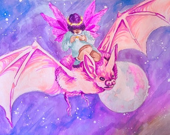 May include: A watercolor painting of a pink bat with a fairy riding on its back. The fairy is wearing a purple hat and a pink dress. The bat and fairy are flying through a purple and blue starry sky.