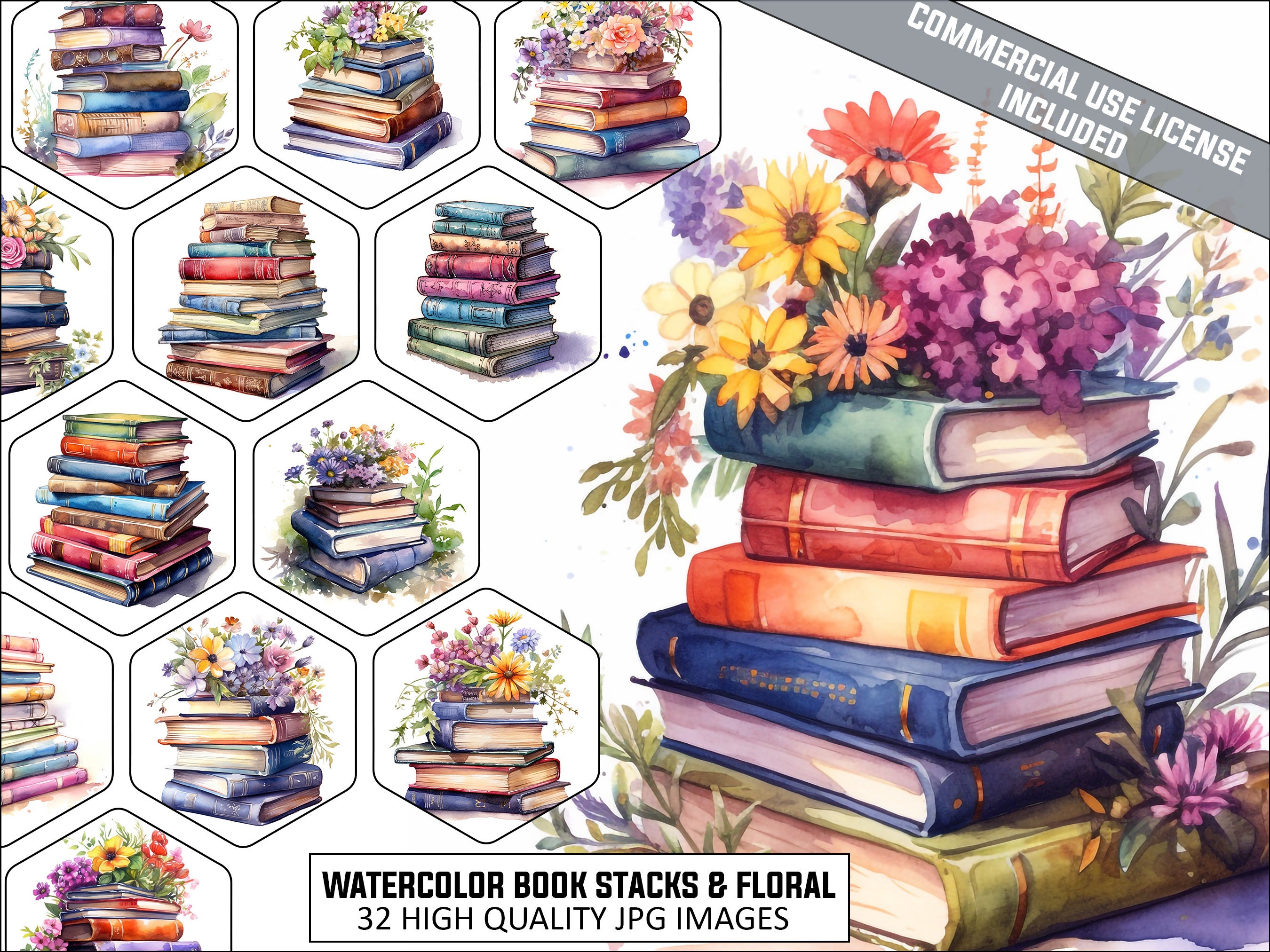 Book Stacks &amp; Floral Book Stacks Clipart 32 High Quality Jpgs, Digital ...