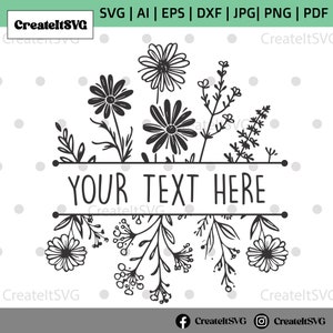 Bordure florale svg, svg cadre floral, bordure fleurie svg, svg monogramme divisé, monogramme floral svg fleurs sauvages svg, svg dessiné main, svg floral