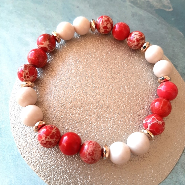 Regalite and fossil stone natural pearl bracelet, Red and white natural stone women's bracelet, gift for her Unique model