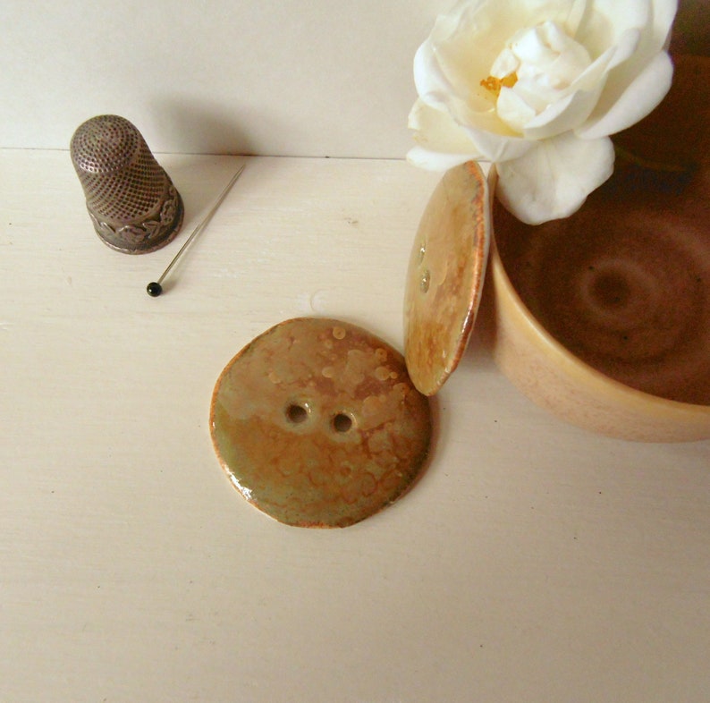 Large couture buttons, 2 round buttons in brown ocher enameled porcelain, shiny, 3.6 cm 1,41 inch, handmade porcelain image 7