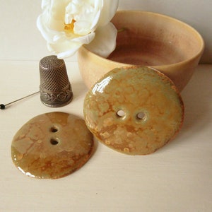 Large couture buttons, 2 round buttons in brown ocher enameled porcelain, shiny, 3.6 cm 1,41 inch, handmade porcelain image 3