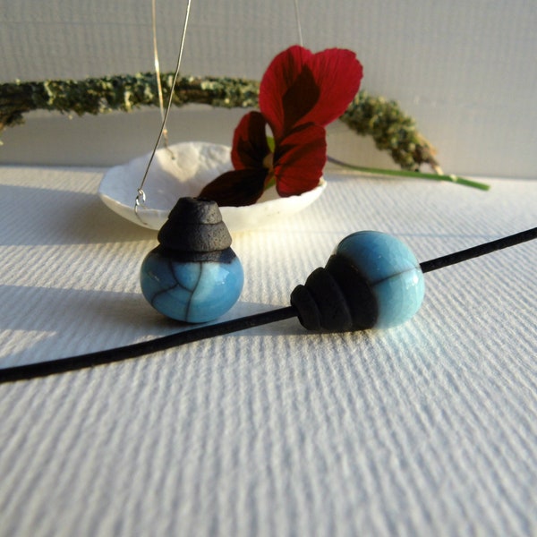 Raku beads for ceramic creation sky blue on black clay, jewelry accessory,