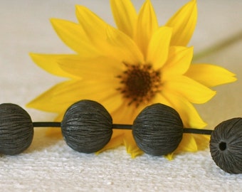 BLACK STRIATED BEADS 2 black raku terracotta beads