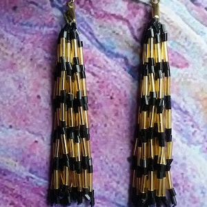 Gold and black nickel free sparkling beaded tassel fringe earrings
